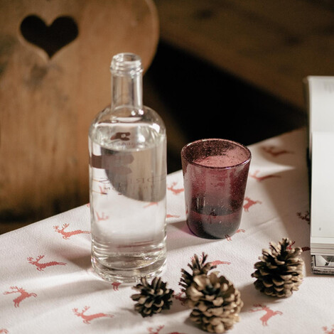 Glasflasche, rotes Glas und Tannenzapfen auf Tisch mit weißer Decke und roten Rentiermotiven neben aufgeschlagenem Buch.